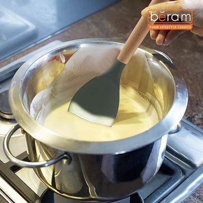 Beram Silicone  Salad Spoon Cooking Utensil With Wooden Handles Heat Resistant Bpa Free Non-Stick Kitchen Tools Set For Cooking Mixing Serving & Tossing Salads-Grey (Single Salad Spoon)