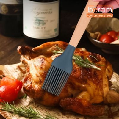 Beram Silicone Oil Brush Cooking Utensil With Wooden Handle Heat Resistant Bpa Free Non-Stick Kitchen Pastry Tool For Cooking Baking Roasting -Grey (Single Oil Brush)
