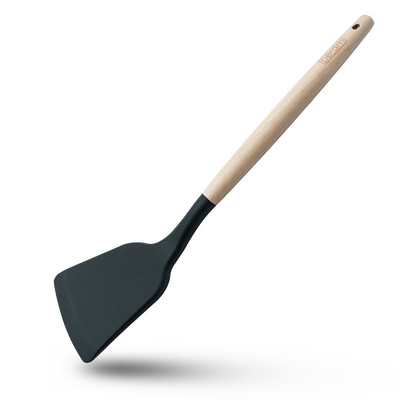 Beram Silicone Turner Cooking Utensil With Wooden Handles Heat Resistant Bpa Free Non-Stick Kitchen Tools For Cooking Baking Mixing Stirring Serving Frying Grilling – Black (Single Turner)