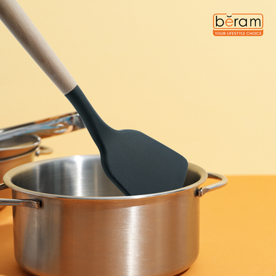 Beram Silicone Turner Cooking Utensil With Wooden Handles Heat Resistant Bpa Free Non-Stick Kitchen Tools For Cooking Baking Mixing Stirring Serving Frying Grilling – Black (Single Turner)