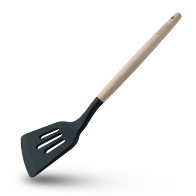 Beram Silicone  Slotted Turner Cooking Utensil With Wooden Handles Heat Resistant Bpa Free Non-Stick Kitchen Tools For Cooking Mixing Stirring Serving Frying Grilling – Black (Single Slotted Turner)