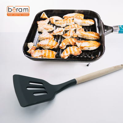 Beram Silicone  Slotted Turner Cooking Utensil With Wooden Handles Heat Resistant Bpa Free Non-Stick Kitchen Tools For Cooking Mixing Stirring Serving Frying Grilling – Black (Single Slotted Turner)