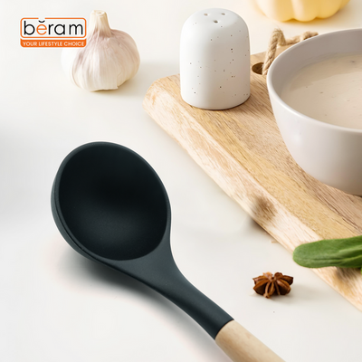 Beram Silicone Soup Ladle Cooking Utensil Set With Wooden Handles Heat Resistant Bpa Free Non-Stick Kitchen Tools For Cooking Baking Mixing Stirring Serving Frying Grilling – Black (Single Soup Ladle)
