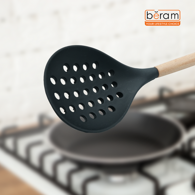 Beram Silicone Skimmer Cooking Utensil With Wooden Handles Heat Resistant Bpa Free Non-Stick Kitchen Tools For Cooking Baking Mixing Stirring Serving Frying Grilling – Black (Single Skimmer)