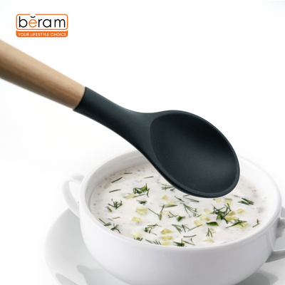 Beram Silicone Serving Spoon Cooking Utensil Set With Wooden Handles Heat Resistant Bpa Free Non-Stick Kitchen Tools For Cooking Baking Mixing Stirring Serving –Black (Single Serving Spoon)