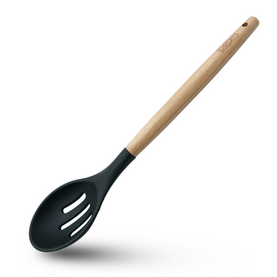 Beram Silicone Slotted Spoon Cooking Utensil Set With Wooden Handles Heat Resistant Bpa Free Non-Stick Kitchen Tools For Cooking  Mixing Stirring Serving Frying Grilling – Black (Single Slotted Spoon)