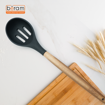 Beram Silicone Slotted Spoon Cooking Utensil Set With Wooden Handles Heat Resistant Bpa Free Non-Stick Kitchen Tools For Cooking  Mixing Stirring Serving Frying Grilling – Black (Single Slotted Spoon)