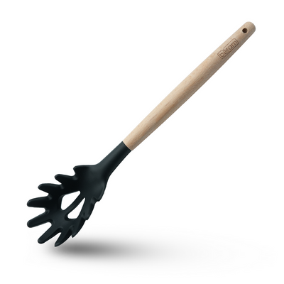Beram Silicone Pasta Server Cooking Utensil With Wooden Handles Heat Resistant Bpa Free Non-Stick Kitchen Tools For Cooking Baking Mixing Stirring Serving Frying Grilling – Black (Single Pasta Server)