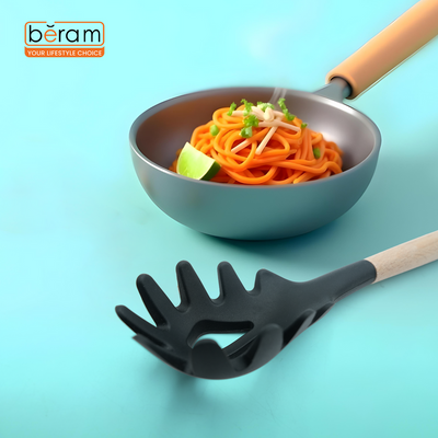 Beram Silicone Pasta Server Cooking Utensil With Wooden Handles Heat Resistant Bpa Free Non-Stick Kitchen Tools For Cooking Baking Mixing Stirring Serving Frying Grilling – Black (Single Pasta Server)