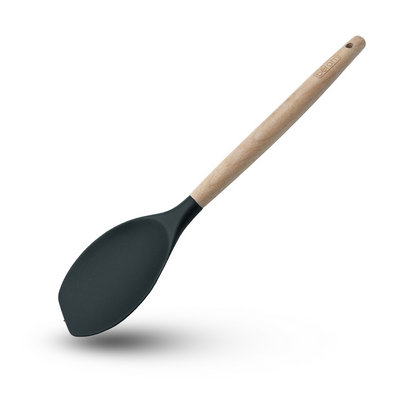 Beram Silicone Salad Spoon Cooking Utensil With Wooden Handles Heat Resistant Bpa Free Non-Stick Kitchen Tools For Cooking Baking Mixing Stirring Serving Frying Grilling – Black (Single Salad Spoon)