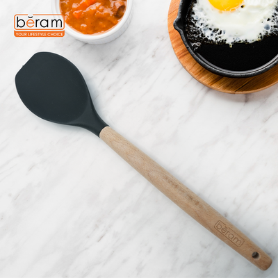 Beram Silicone Salad Spoon Cooking Utensil With Wooden Handles Heat Resistant Bpa Free Non-Stick Kitchen Tools For Cooking Baking Mixing Stirring Serving Frying Grilling – Black (Single Salad Spoon)
