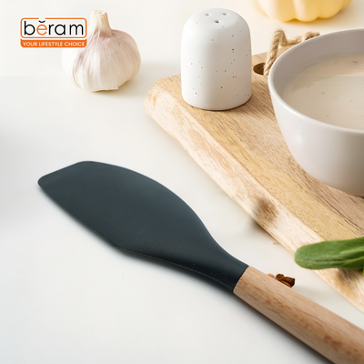 Beram  Silicone Scraper Cooking Utensil Set With Wooden Handles Heat Resistant Bpa Free Non-Stick Kitchen Tools For Cooking Baking Mixing Stirring Serving Frying Grilling – Black (Single Scraper)