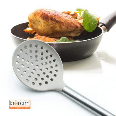 Beram Silicone Kitchen Utensil Set  Heat-Resistant Cooking Tools With Stainless Steel & Wooden Handles  Bpa-Free, Non-Stick Safe For Cooking Baking & More.(Beije) (Single Skimmer)