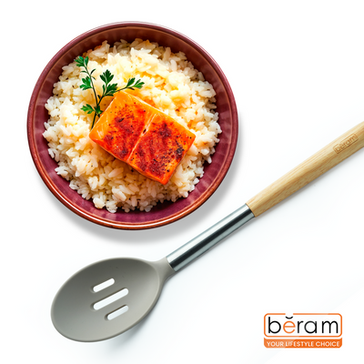 Beram  Silicone Kitchen Utensil Set  Heat-Resistant Cooking Tools With Stainless Steel & Wooden Handles  Bpa-Free, Non-Stick Safe For Cooking Baking & More.(Beije) (Single Slotted Spoon)
