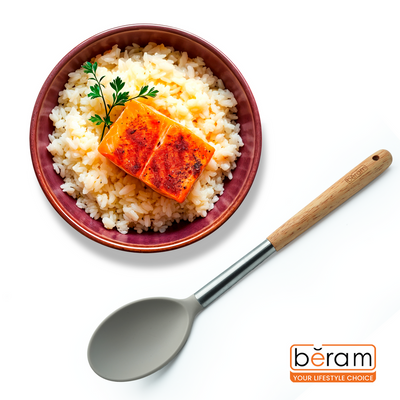 Beram  Silicone Kitchen Utensil Set  Heat-Resistant Cooking Tools With Stainless Steel & Wooden Handles  Bpa-Free, Non-Stick Safe For Cooking Baking & More.(Beije) (Single Serving Spoon)
