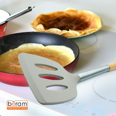 Beram  Silicone Kitchen Utensil Set  Heat-Resistant Cooking Tools With Stainless Steel & Wooden Handles  Bpa-Free, Non-Stick Safe For Cooking Baking & More.(Beije) (Single Slotted Turner)