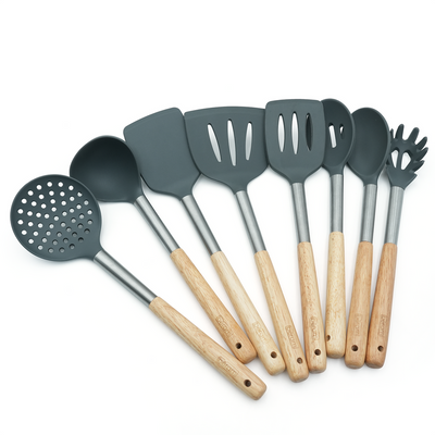 Complete 8-Piece Set:Beram 8Pcs Silicone Spatula Set With Wooden & Steel Handles, Heat-Resistant, Bpa-Free, Non-Stick Safe Includes Serving Spoon, Turner, Ladle, Skimmer, Pasta Server Grey (8 Pcs Set) Includes Solid Turner, Slotted Turner, Solid Spoon, Slotted Spoon, Skimmer, Soup Ladle, Pasta Server, Spatula, Slotted Shovel, And Serving Spoon Ideal For Every Kitchen Task.