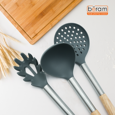 Complete 8-Piece Set:Beram 8Pcs Silicone Spatula Set With Wooden & Steel Handles, Heat-Resistant, Bpa-Free, Non-Stick Safe Includes Serving Spoon, Turner, Ladle, Skimmer, Pasta Server Grey (8 Pcs Set) Includes Solid Turner, Slotted Turner, Solid Spoon, Slotted Spoon, Skimmer, Soup Ladle, Pasta Server, Spatula, Slotted Shovel, And Serving Spoon Ideal For Every Kitchen Task.