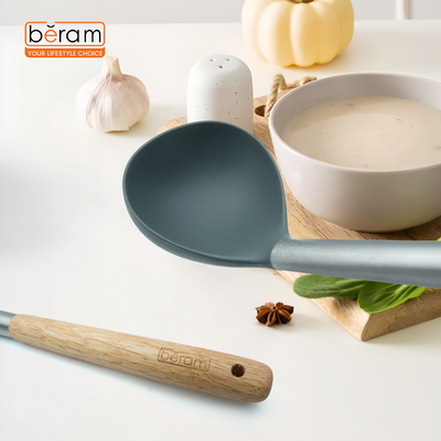 Beram Silicone Spatula Set With Wooden & Steel Handles, Heat-Resistant, Bpa-Free, Non-Stick Safe Grey (Single Soup Ladle)