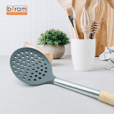Beram Silicone Spatula Set With Wooden & Steel Handles, Heat-Resistant, Bpa-Free, Non-Stick Safe Grey (Single Skimmer)