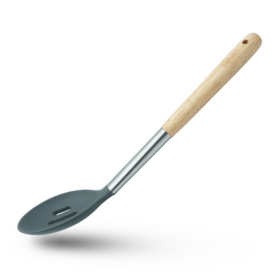 Beram Silicone Spatula Set With Wooden & Steel Handles, Heat-Resistant, Bpa-Free, Non-Stick Safe Grey (Single Slotted Spoon)
