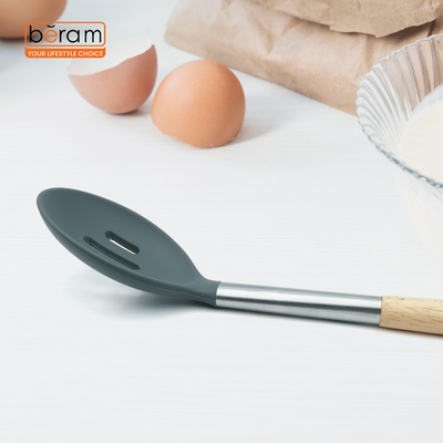 Beram Silicone Spatula Set With Wooden & Steel Handles, Heat-Resistant, Bpa-Free, Non-Stick Safe Grey (Single Slotted Spoon)