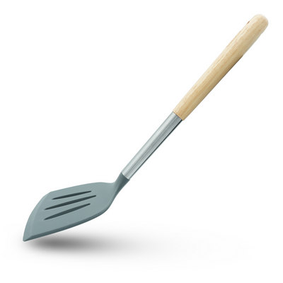 Beram Silicone Spatula Set With Wooden & Steel Handles, Heat-Resistant, Bpa-Free, Non-Stick Safe Grey (Single Slotted Shovel)