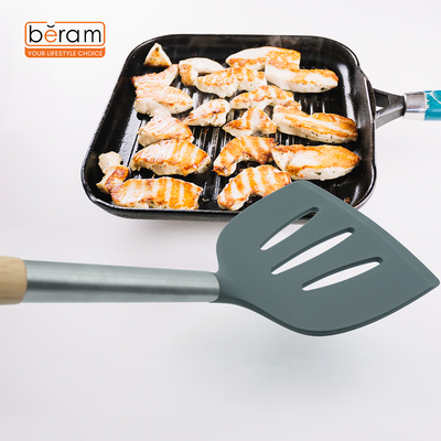 Beram Silicone Spatula Set With Wooden & Steel Handles, Heat-Resistant, Bpa-Free, Non-Stick Safe Grey (Single Slotted Shovel)