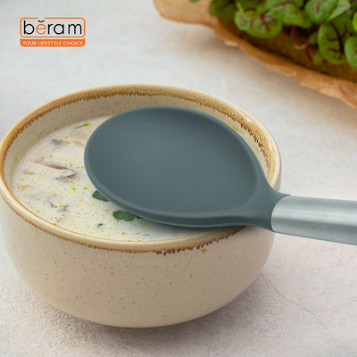 Beram Silicone Spatula Set With Wooden & Steel Handles, Heat-Resistant, Bpa-Free, Non-Stick Safe Grey (Single Serving Spoon)