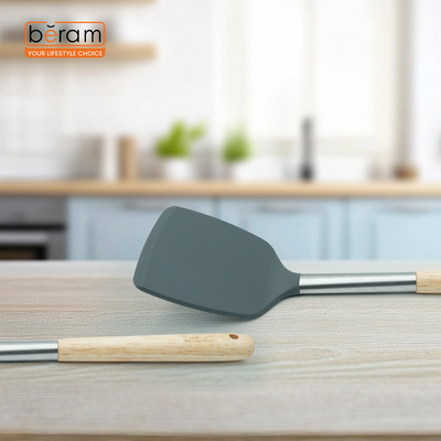 Beram Silicone Spatula Set With Wooden & Steel Handles, Heat-Resistant, Bpa-Free, Non-Stick Safe  Grey (Single Turner)