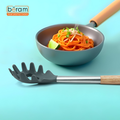 Beram Silicone Spatula Set With Wooden & Steel Handles, Heat-Resistant, Bpa-Free, Non-Stick Safe Grey (Single Pasta Server)