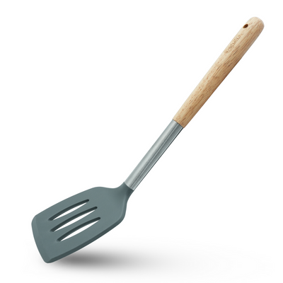 Beram Silicone Spatula Set With Wooden & Steel Handles, Heat-Resistant, Bpa-Free, Non-Stick Safe Grey (Single Slotted Turner)
