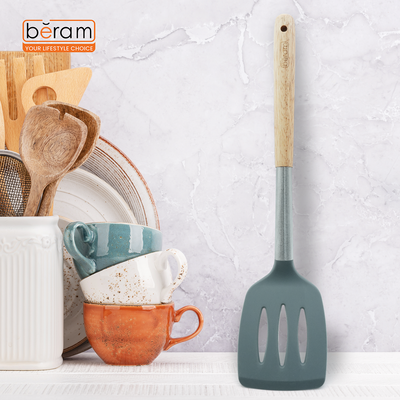Beram Silicone Spatula Set With Wooden & Steel Handles, Heat-Resistant, Bpa-Free, Non-Stick Safe Grey (Single Slotted Turner)