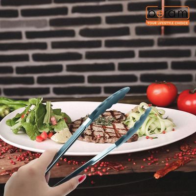 Beram Tong Silicone & Stainless Steel Kitchen Utensil Heat Resistant Non-Stick Bpa-Free,Dishwasher Safe (Grey) (Single Tong)
