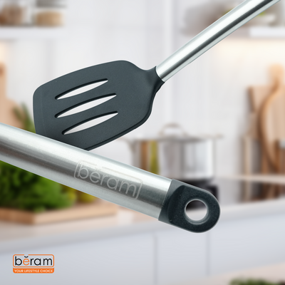 Beram Silicone With Stainless Steel Utensil Set Non-Stick Safe,Heat Resistant,Bpa-Free –(Black) (Single Slotted Turner)