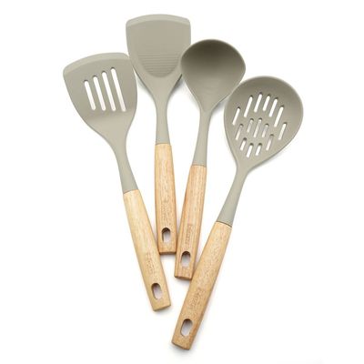 Beram 4-Piece Silicone Kitchen Utensil Set With Natural Wooden Handles Heat Resistant, Bpa Free, Non Stick Safe Cooking Tools Beige Colour