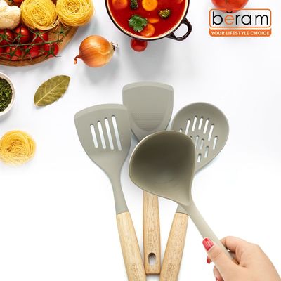 Beram 4-Piece Silicone Kitchen Utensil Set With Natural Wooden Handles Heat Resistant, Bpa Free, Non Stick Safe Cooking Tools Beige Colour Beram 4-Piece Silicone Kitchen Utensil Set With Natural Wooden Handles Heat Resistant, Bpa Free, Non Stick Safe Cooking Tools Beige Colour