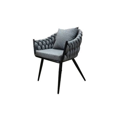 Modern Grey Woven Accent Chair, Upholstered Fabric Seat, Black Metal Legs, Decorative Pillow for Living Room/Dining Room(1 piece)