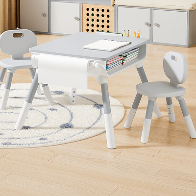 Adjustable Kids Table & 2 Chairs Set – Height Adjustable (45–55CM) – Study, Play & Activity Desk with Paper Roll, Storage Basket & Drawers (Grey & White)