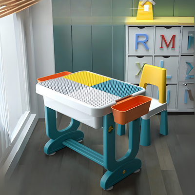 Kids Activity Table & Chair Set – Foldable, Multi-Function Play, Study & Storage Desk with Building Block Surface