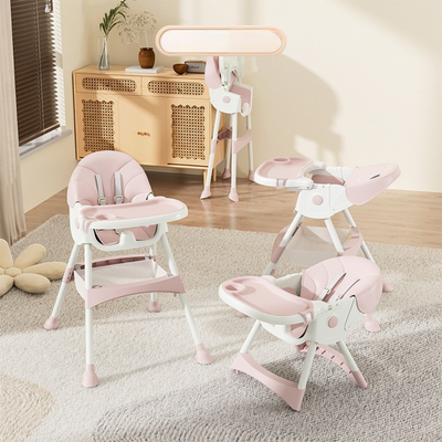 4-in-1 Baby High Chair – Portable Foldable High Chair for Babies and Toddlers with Wheels, Removable Tray, Adjustable Height, Convertible to Toddler Chair, Rocking Horse & Rocking Cart