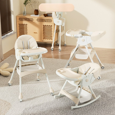 4-in-1 Baby High Chair – Portable Foldable High Chair for Babies and Toddlers with Wheels, Removable Tray, Adjustable Height, Convertible to Toddler Chair, Rocking Horse & Rocking Cart