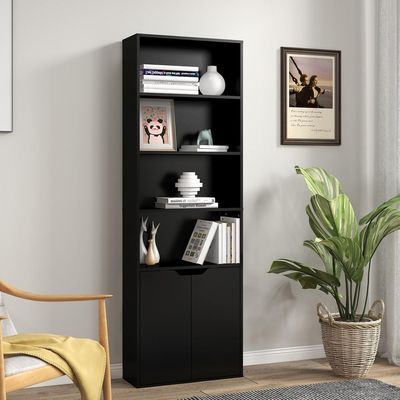 Modern Black bookcase with 6 shelves for storage and display perfect for offices and homes