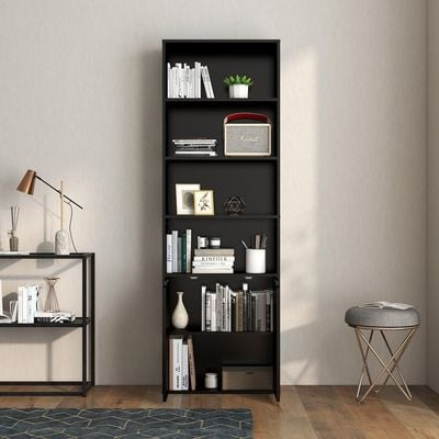 Modern Black bookcase with 6 shelves for storage and display perfect for offices and homes