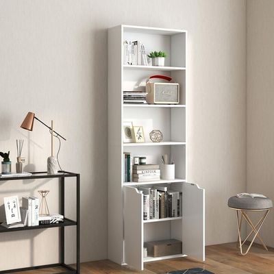 Modern White bookcase with 6 shelves for storage and display perfect for offices and homes