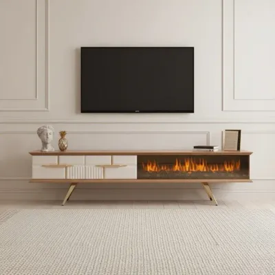 Tribe Wooden Fire Tv Unit Cream 200cm