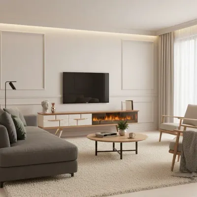 Tribe Wooden Fire Tv Unit Cream 200cm Tribe Wooden Fire Tv Unit Cream 200cm