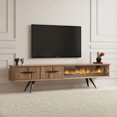 Tribe Wooden Fire Tv Unit Walnut 200cm Tribe Wooden Fire Tv Unit Walnut 200cm
