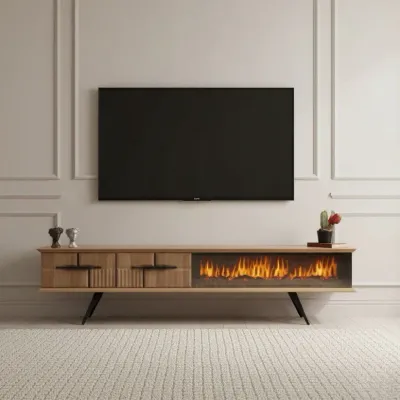 Tribe Wooden Fire Tv Unit Walnut 200cm