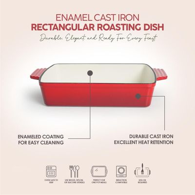 Healthy & Safe Enamel Cast Iron Rectangular Roasting Dish, (12-Inch, Red) Oven & Induction Compatible, Easy-Clean Non-Stick Interior Healthy & Safe Enamel Cast Iron Rectangular Roasting Dish, (12-Inch, Red) Oven & Induction Compatible, Easy-Clean Non-Stick Interior